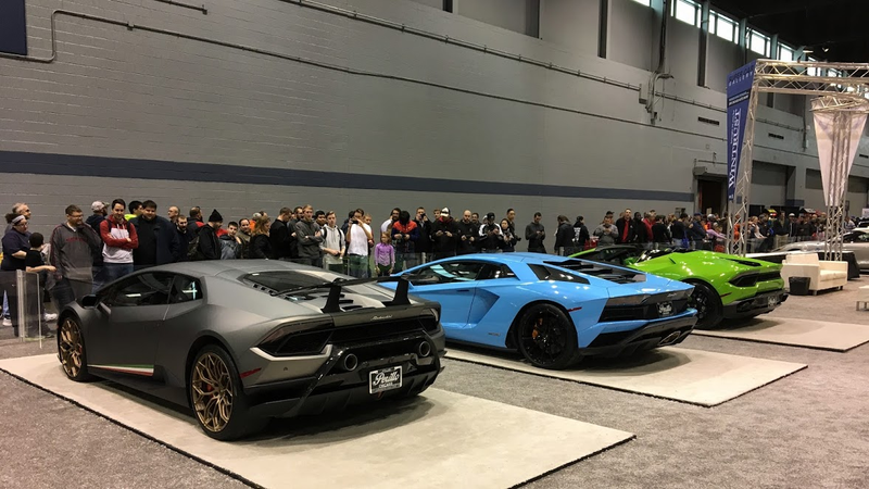 L-R, Lamborghini Huracan Performante, Aventador S, Huracan Spyder